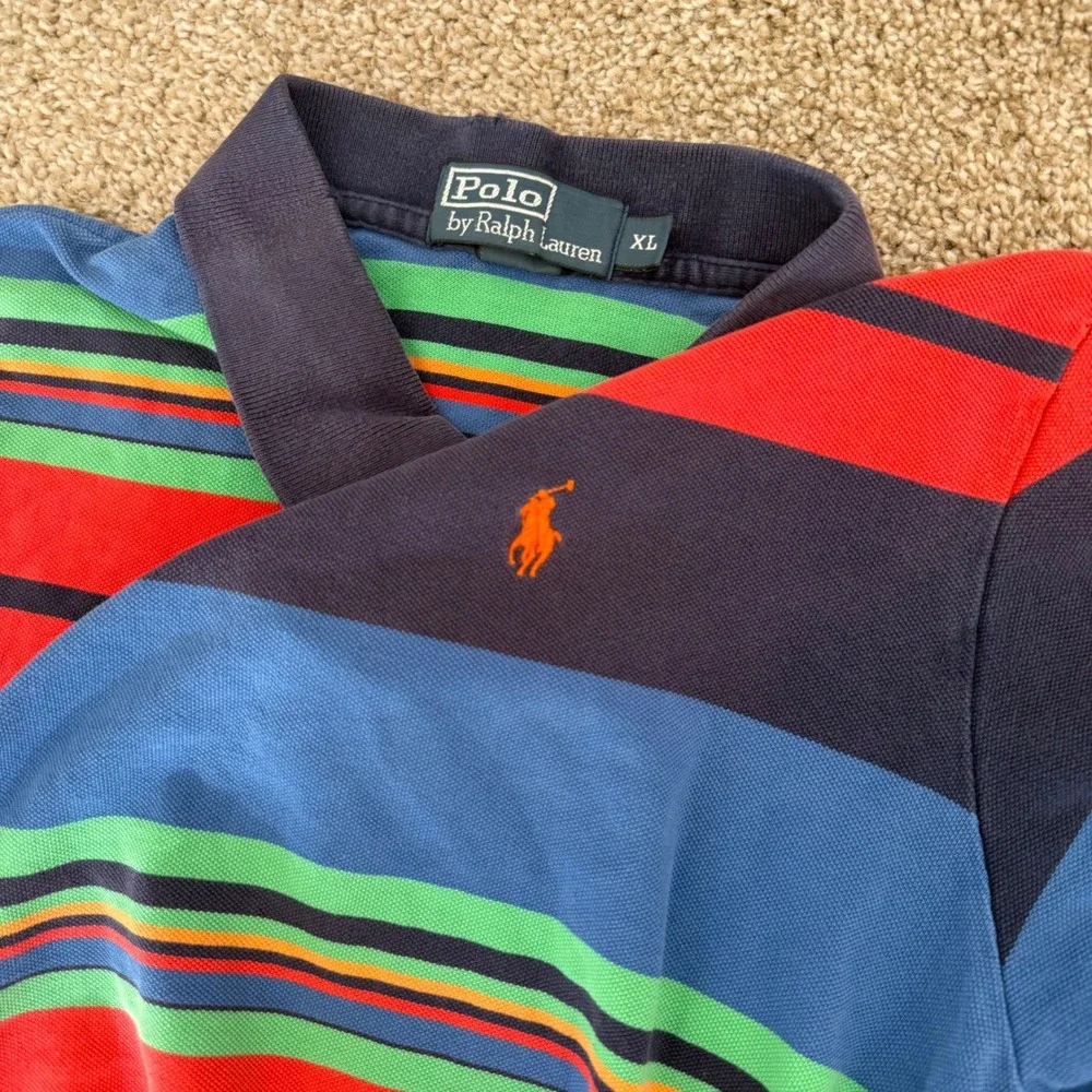 Polo Ralph Lauren Polo Shirt Men XL Multi Color Striped Short Sleeve Repair
